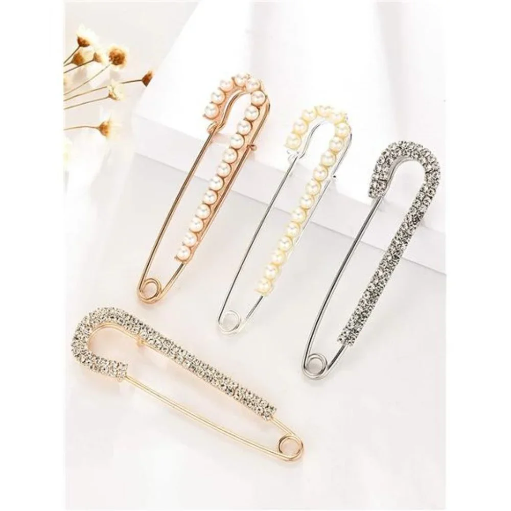 Women Brooch Pins Sweater Shawl Clips Faux Crystal and Pearl Brooches